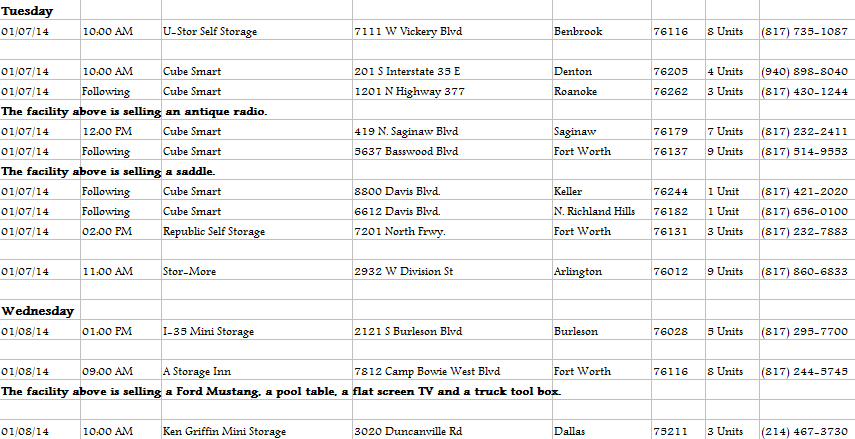 Fort Worth Storage Auctions Schedule